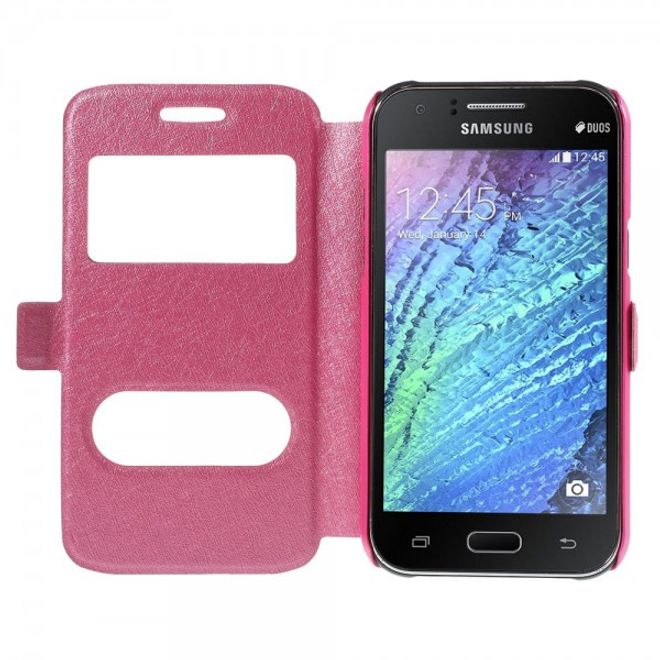 Samsung Galaxy J1 Leder Case mit seidenartiger Textur und zwei kleinen Fenstern - pink