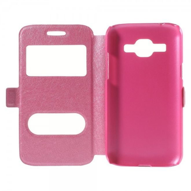 Samsung Galaxy J1 Leder Case mit seidenartiger Textur und zwei kleinen Fenstern - pink