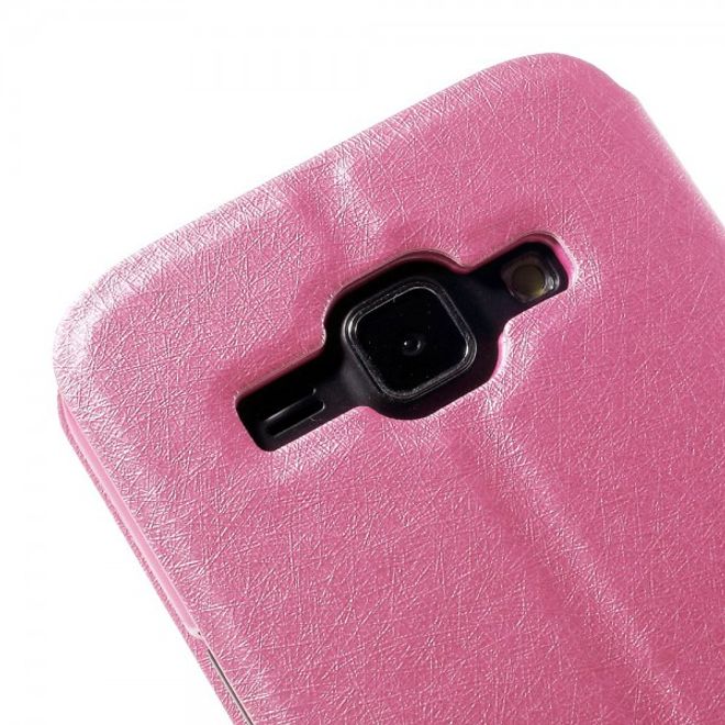 Samsung Galaxy J1 Leder Case mit seidenartiger Textur und zwei kleinen Fenstern - pink