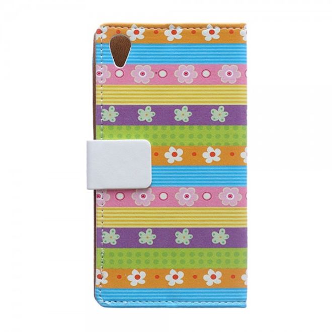 Sony Xperia M4 Aqua Magnetisches Leder Case mit farbigen Streifen und Blumen