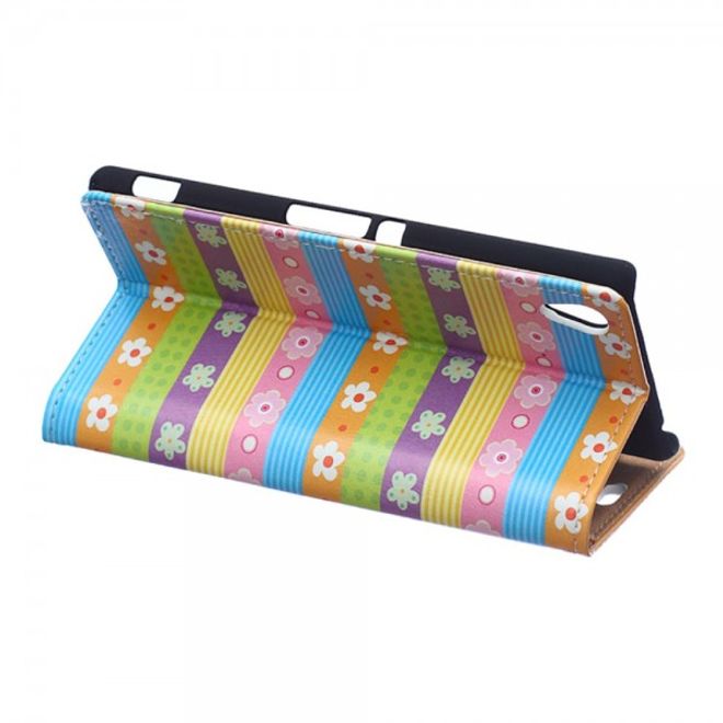 Sony Xperia M4 Aqua Magnetisches Leder Case mit farbigen Streifen und Blumen