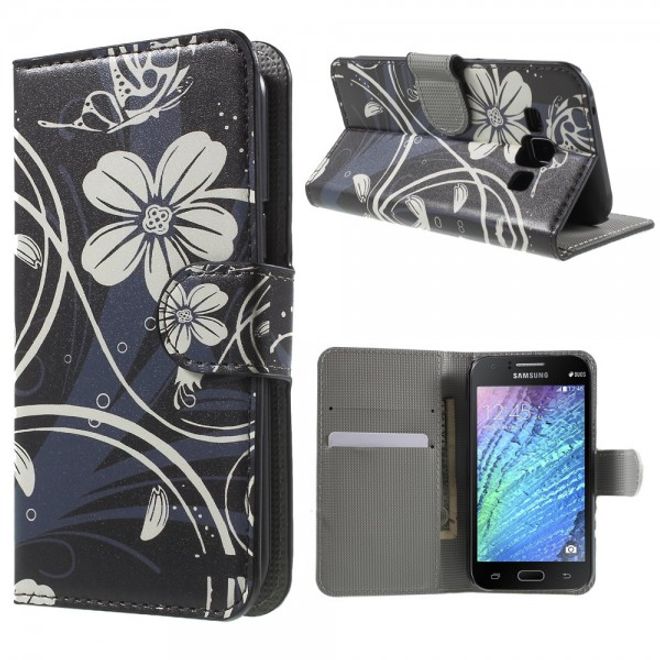 Samsung Galaxy J1 Leder Case mit Kreditkartenslots und weissen Blumen
