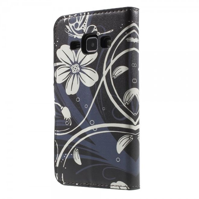 Samsung Galaxy J1 Leder Case mit Kreditkartenslots und weissen Blumen