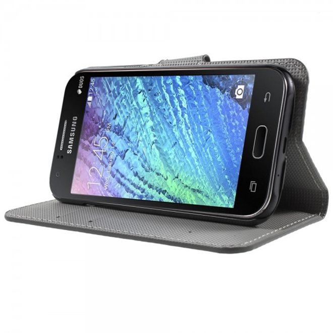 Samsung Galaxy J1 Leder Case mit Kreditkartenslots und weissen Blumen