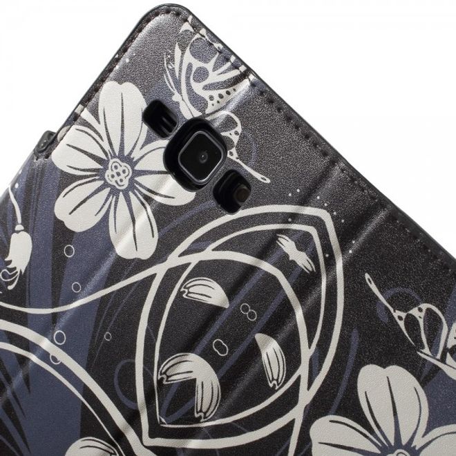 Samsung Galaxy J1 Leder Case mit Kreditkartenslots und weissen Blumen