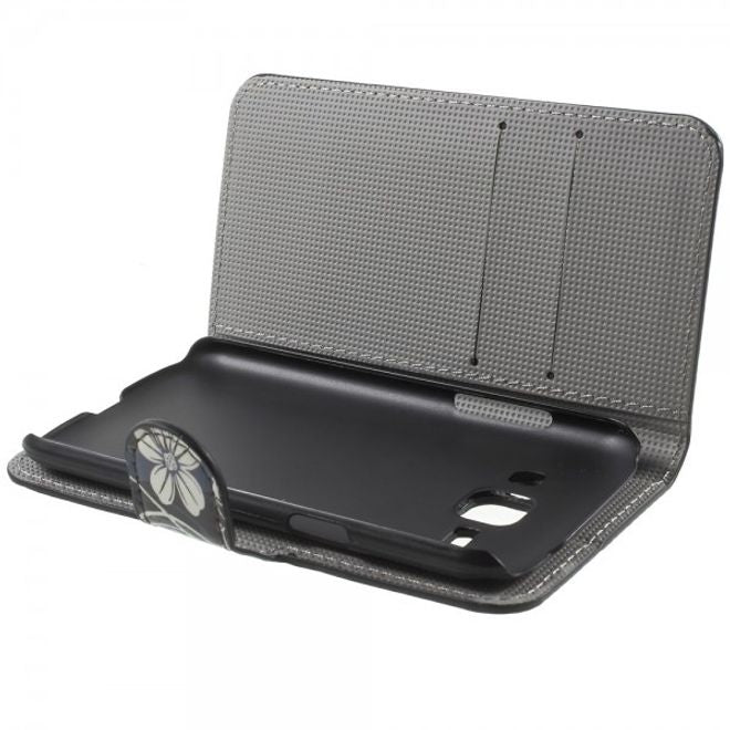 Samsung Galaxy J1 Leder Case mit Kreditkartenslots und weissen Blumen