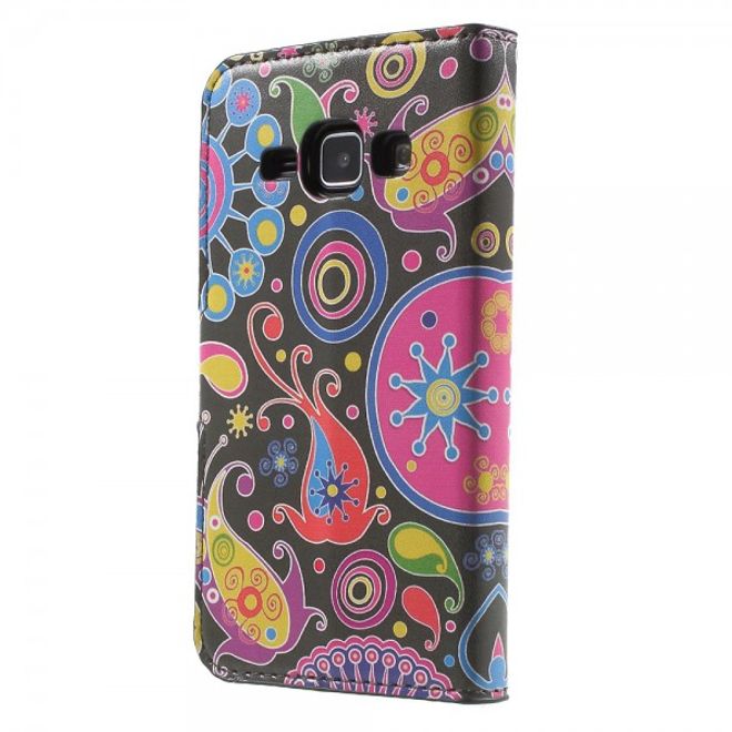 Samsung Galaxy J1 Leder Case mit Kreditkartenslots und farbigem Muster - schwarz