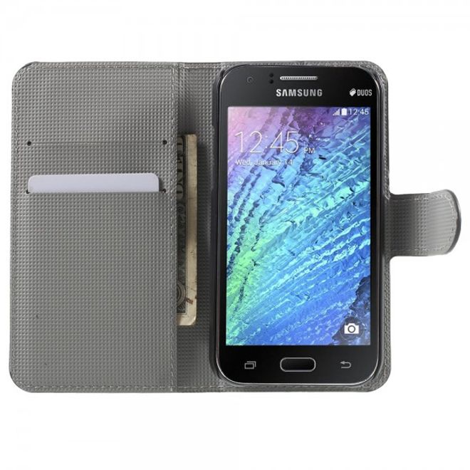 Samsung Galaxy J1 Leder Case mit Kreditkartenslots und farbigem Muster - schwarz