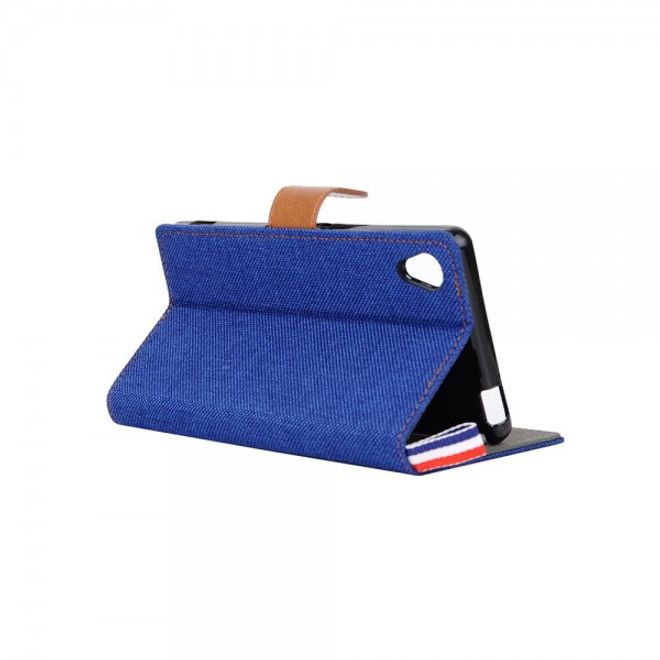 Sony Xperia M4 Aqua Leder Case im Jeans Look mit Kreditkartenslots - dunkelblau