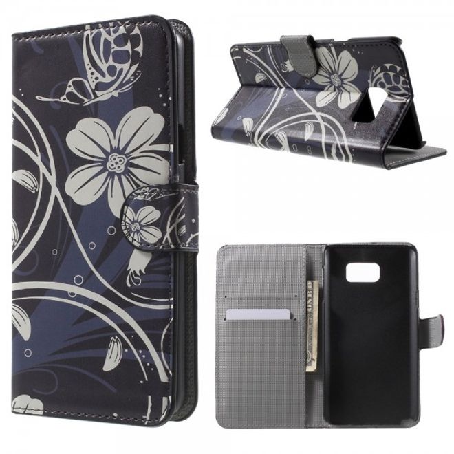 Samsung Galaxy Note 5 Leder Case mit weissen Blumen und Schmetterling