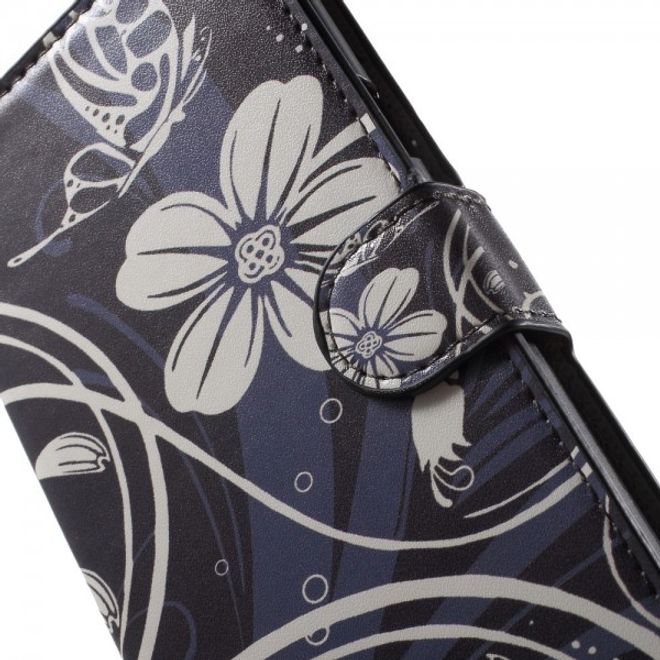 Samsung Galaxy Note 5 Leder Case mit weissen Blumen und Schmetterling