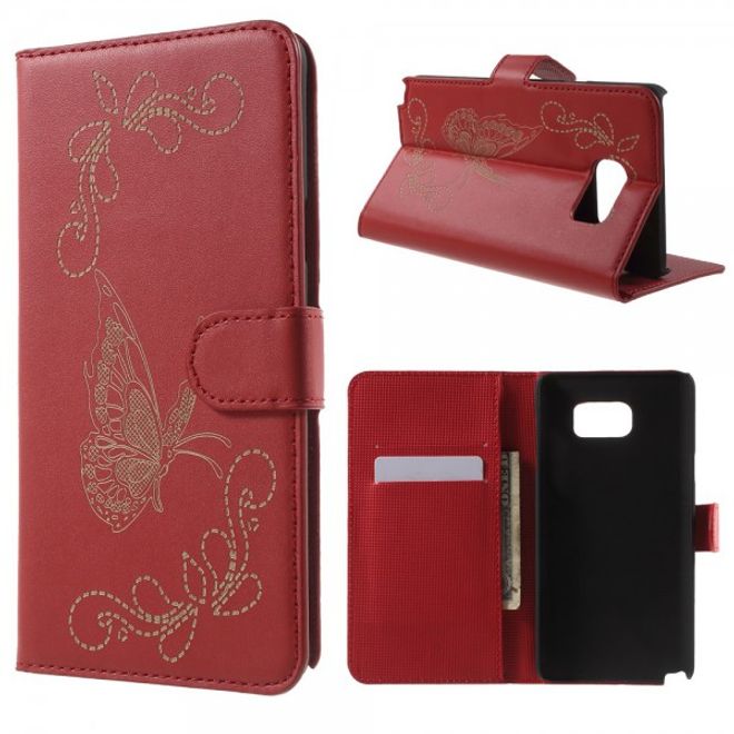 Samsung Galaxy Note 5 Leder Case mit Lasergravur und Schmetterling - rot