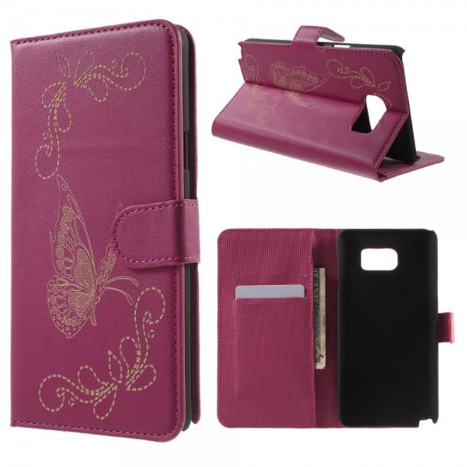Samsung Galaxy Note 5 Leder Case mit Lasergravur und Schmetterling - rosa
