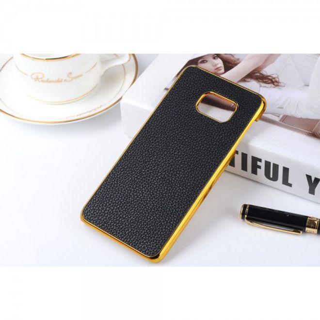 Samsung Galaxy Note 5 Hart Plastik Case mit lederartiger Oberfläche und Litchitextur - schwarz/gold