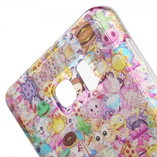 Samsung Galaxy Note 5 Elastisches, leicht glänzendes Plastik Case mit vielen kleinen Cartoon Gesichtern