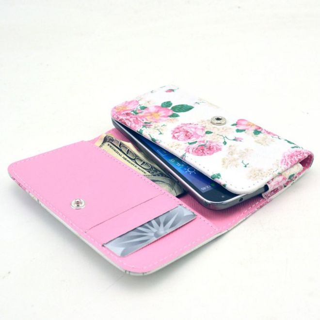 Universelles Leder Case für Smartphones bis 13.8x7x1.5cm mit schönen Pfingstrosen