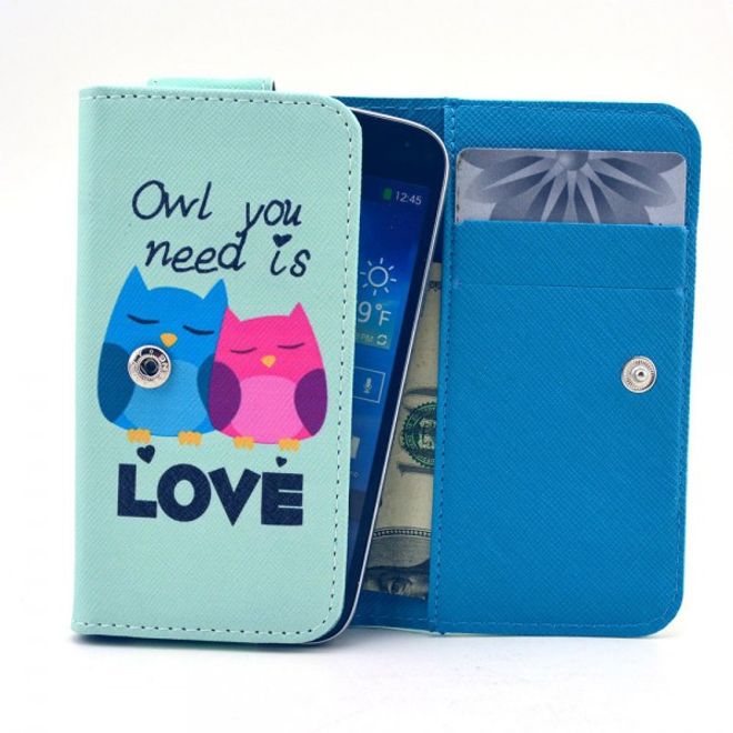 Universelles Leder Case für Smartphones bis 14.4x7.5x1.5cm mit verliebten Eulen und Schriftzug
