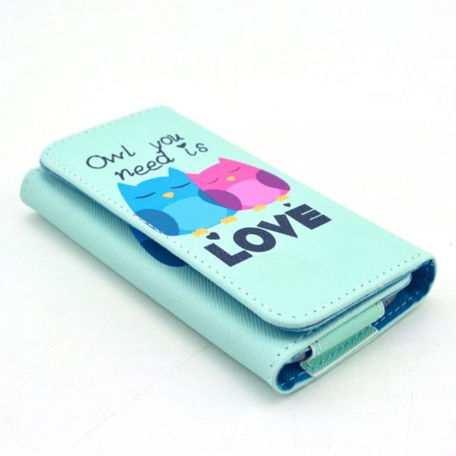 Universelles Leder Case für Smartphones bis 14.4x7.5x1.5cm mit verliebten Eulen und Schriftzug