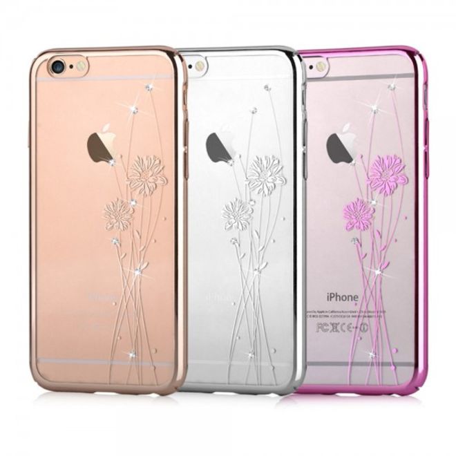 iPhone 6 Plus/6S Plus Hart Plastik Case mit Glassteinen und Kornblumenmuster - silber
