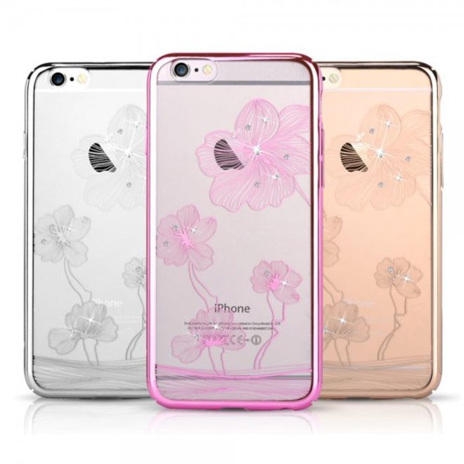 iPhone 6 Plus/6S Plus Hart Plastik Case mit Rahmen, Glassteinen und Kornblumenmuster - silber