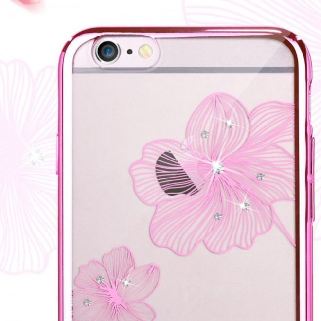 iPhone 6 Plus/6S Plus Hart Plastik Case mit Rahmen, Glassteinen und Kornblumenmuster - pink