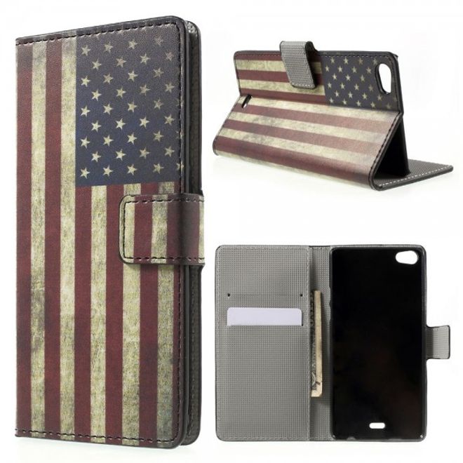 Wiko Highway Pure 4G Leder Case mit USA Flagge retro-style