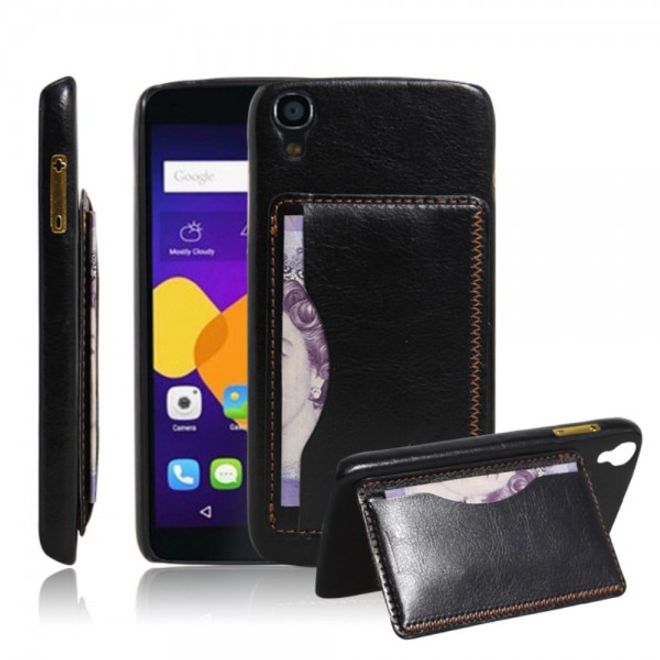 Alcatel One Touch Idol 3 4.7 Hart Plastik Case mit lederartigem Bezug im retro-look - schwarz