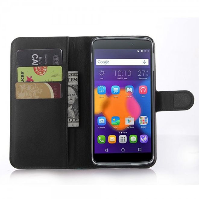 Alcatel One Touch Idol 3 5.5 Leder Case mit Litchitextur und Kreditkartenslots - schwarz