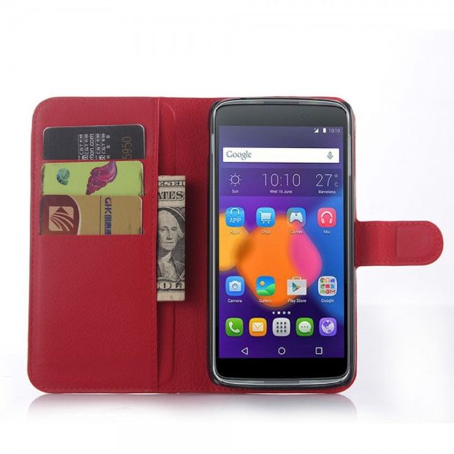 Alcatel One Touch Idol 3 5.5 Leder Case mit Litchitextur und Kreditkartenslots - rot