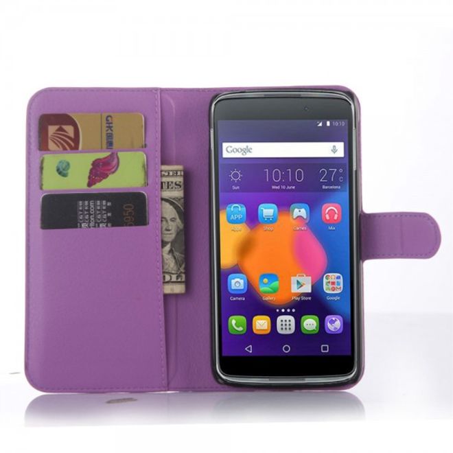 Alcatel One Touch Idol 3 5.5 Leder Case mit Litchitextur und Kreditkartenslots - purpur