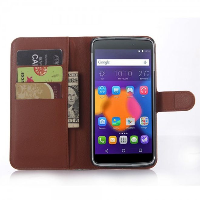 Alcatel One Touch Idol 3 5.5 Leder Case mit Litchitextur und Kreditkartenslots - braun