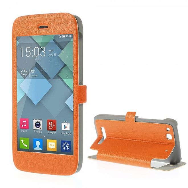 Alcatel One Touch Idol Alpha Leder Case mit riesigem Fenster und Standfunktion - orange