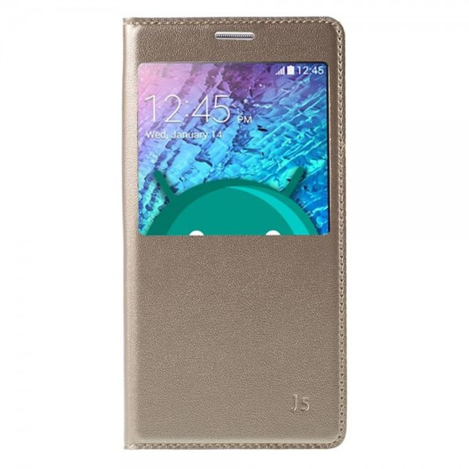 Samsung Galaxy J5 Leder Case mit Plastik Batterieabdeckung und kleinem Fenster - champagnerfarben