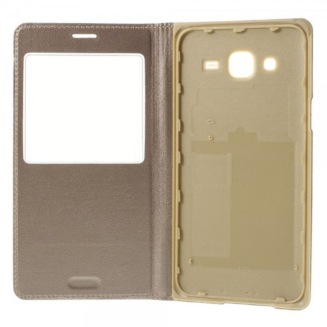 Samsung Galaxy J5 Leder Case mit Plastik Batterieabdeckung und kleinem Fenster - champagnerfarben