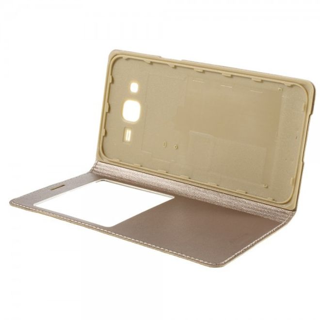 Samsung Galaxy J5 Leder Case mit Plastik Batterieabdeckung und kleinem Fenster - champagnerfarben
