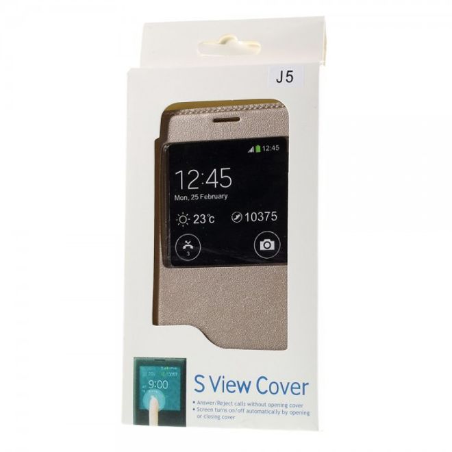 Samsung Galaxy J5 Leder Case mit Plastik Batterieabdeckung und kleinem Fenster - champagnerfarben