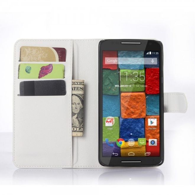 Motorola Moto X Play Leder Case mit Litchitextur und Standfunktion - weiss