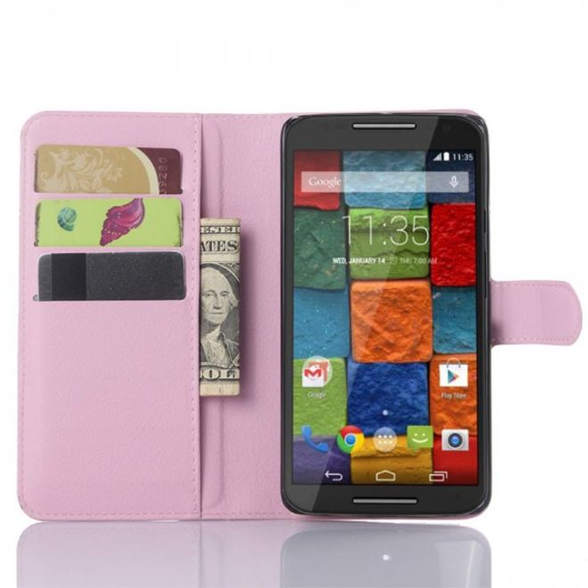 Motorola Moto X Play Leder Case mit Litchitextur und Standfunktion - pink