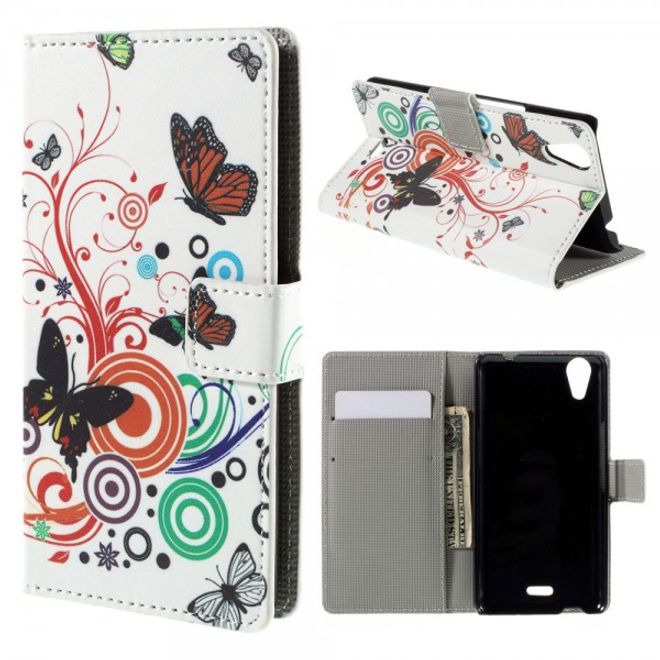 Wiko Rainbow Up Leder Case mit Schmetterlingen und Kreisen