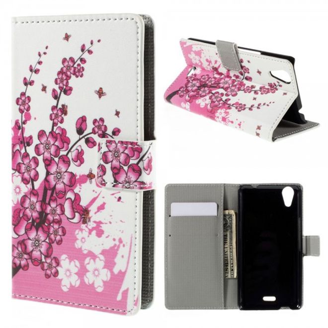 Wiko Rainbow Up Leder Case mit pinken Blumen