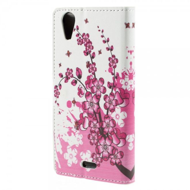 Wiko Rainbow Up Leder Case mit pinken Blumen