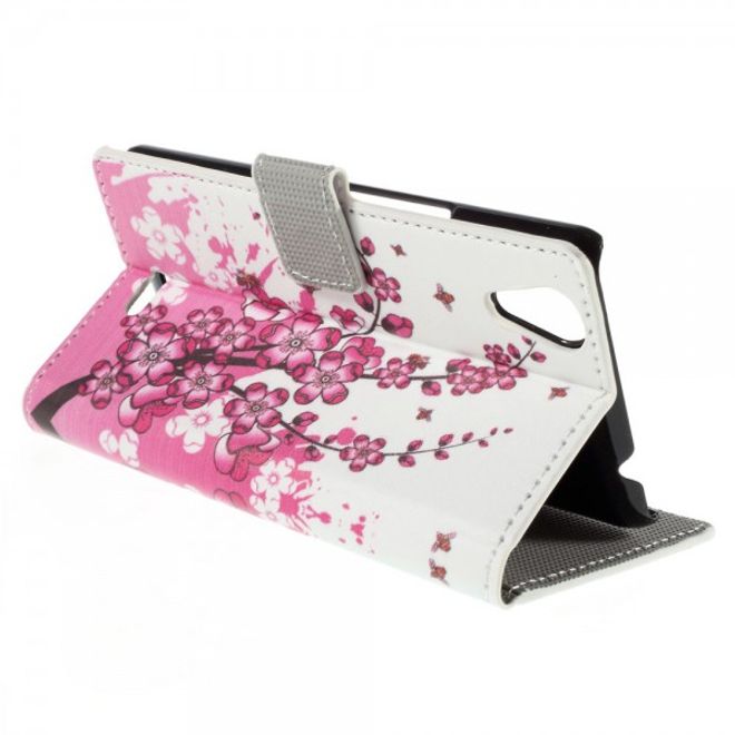Wiko Rainbow Up Leder Case mit pinken Blumen