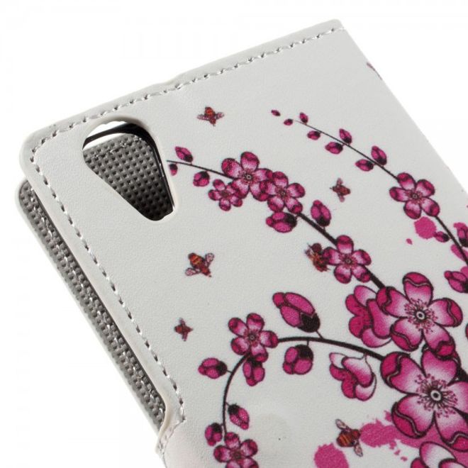 Wiko Rainbow Up Leder Case mit pinken Blumen