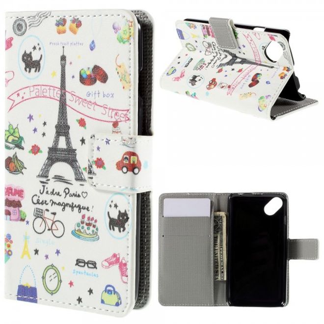 Wiko Sunset2 Leder Case mit Eiffelturm und kleinen Sujets