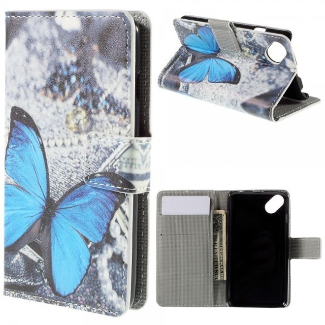 Wiko Sunset2 Leder Case mit wunderschönem, blauem Schmetterling