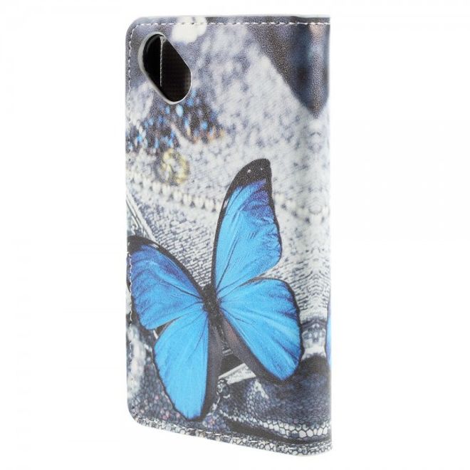 Wiko Sunset2 Leder Case mit wunderschönem, blauem Schmetterling