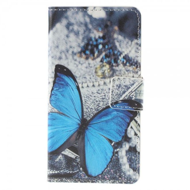 Wiko Sunset2 Leder Case mit wunderschönem, blauem Schmetterling