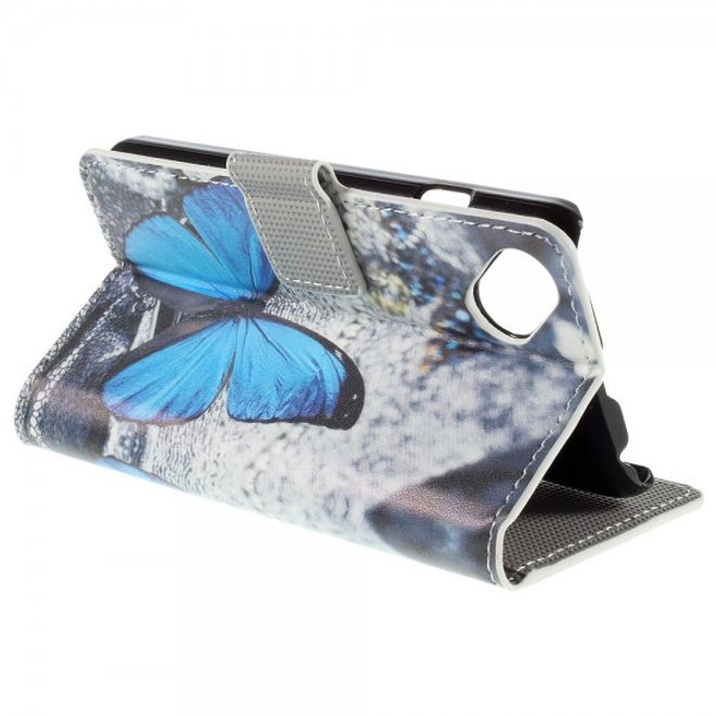 Wiko Sunset2 Leder Case mit wunderschönem, blauem Schmetterling