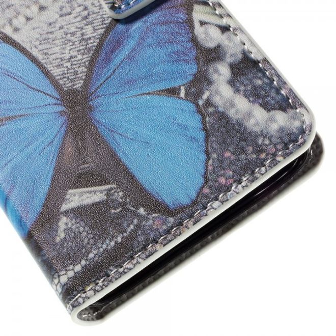 Wiko Sunset2 Leder Case mit wunderschönem, blauem Schmetterling