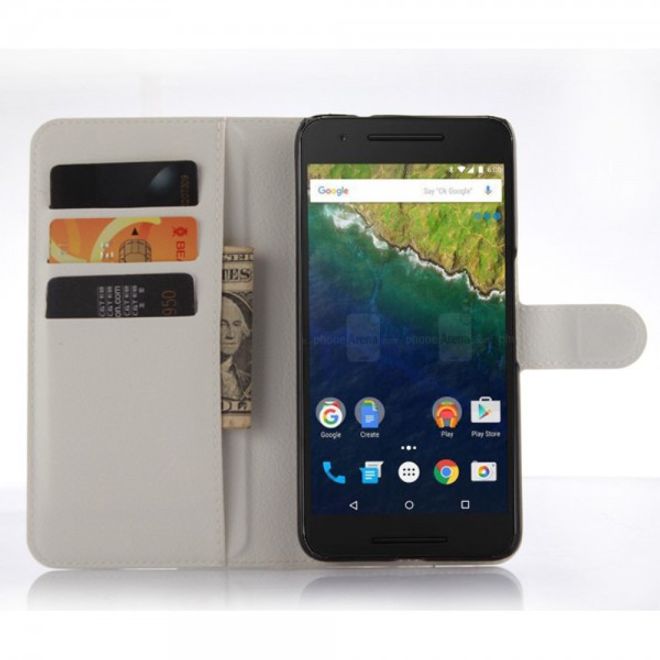 Huawei Nexus 6P Schickes Leder Case mit Litchitextur und Standfunktion - weiss
